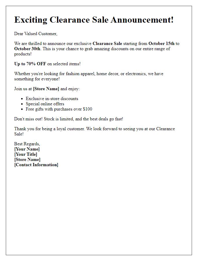 Letter template of clearance sale announcement for retail customers