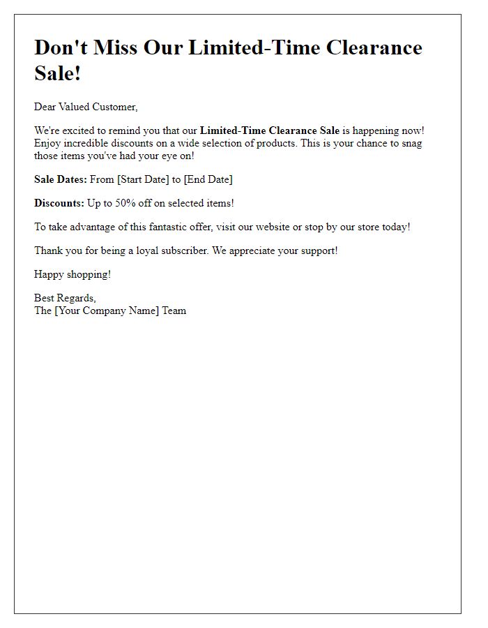 Letter template of limited-time clearance sale reminder for newsletter recipients