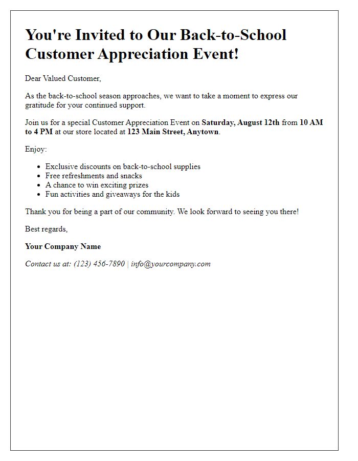 Letter template of back-to-school customer appreciation event