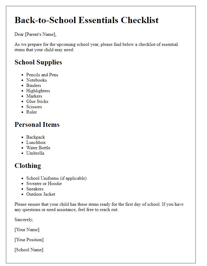 Letter template of back-to-school essentials checklist