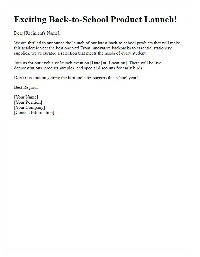 Letter template of back-to-school product launch