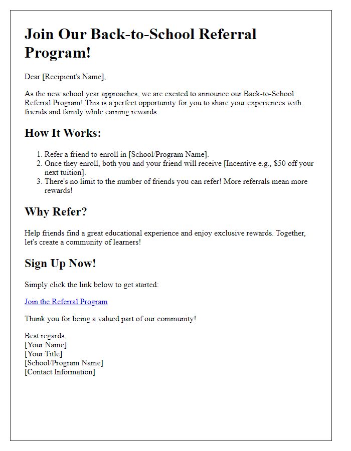 Letter template of back-to-school referral program