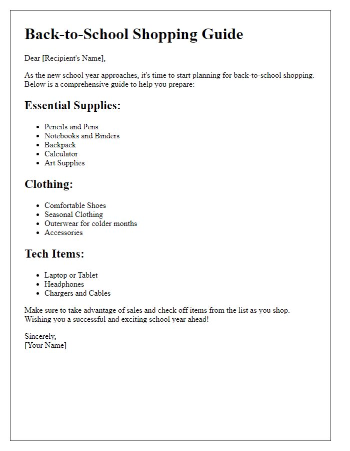 Letter template of back-to-school shopping guide