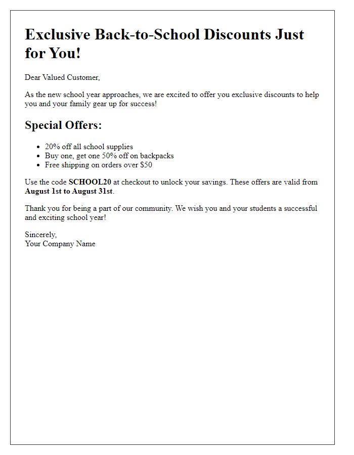 Letter template of exclusive back-to-school discounts