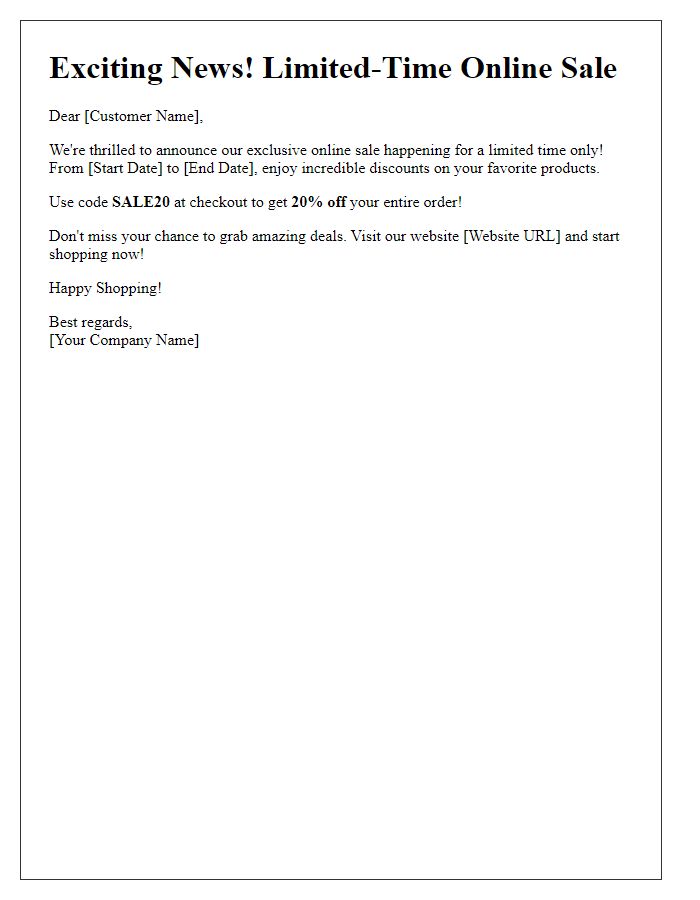 Letter template of limited-time online sale announcement