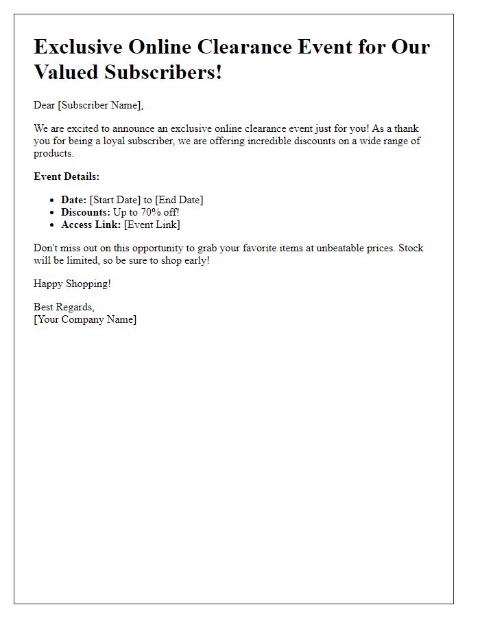 Letter template of online clearance event for subscribers