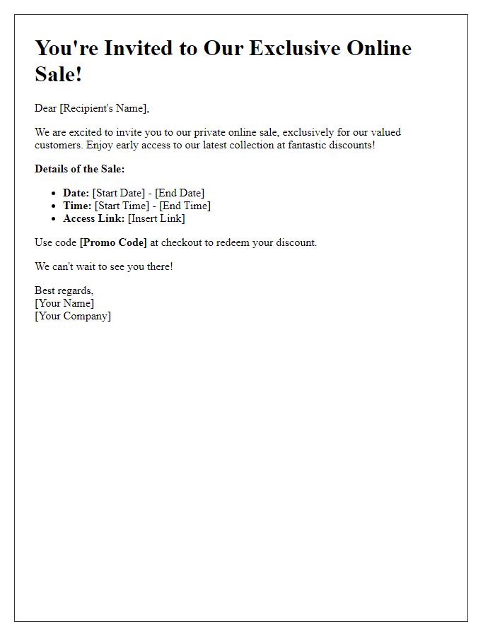 Letter template of private online sale invitation