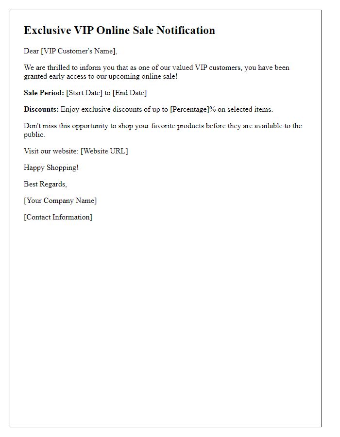 Letter template of VIP online sale notification