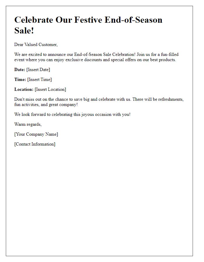 Letter template of festive end-of-season sale celebration