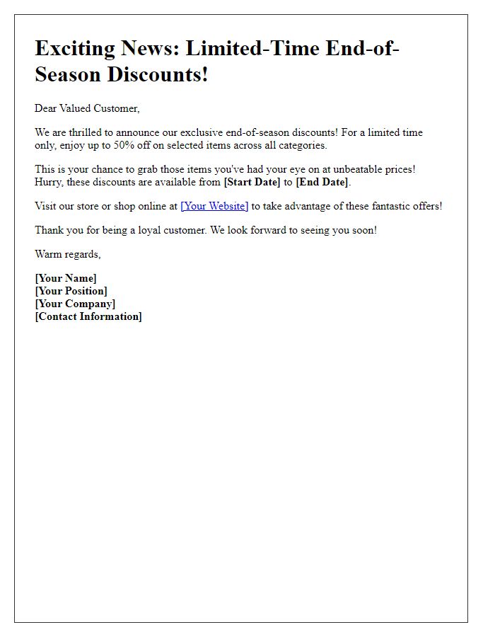 Letter template of limited-time end-of-season discounts announcement