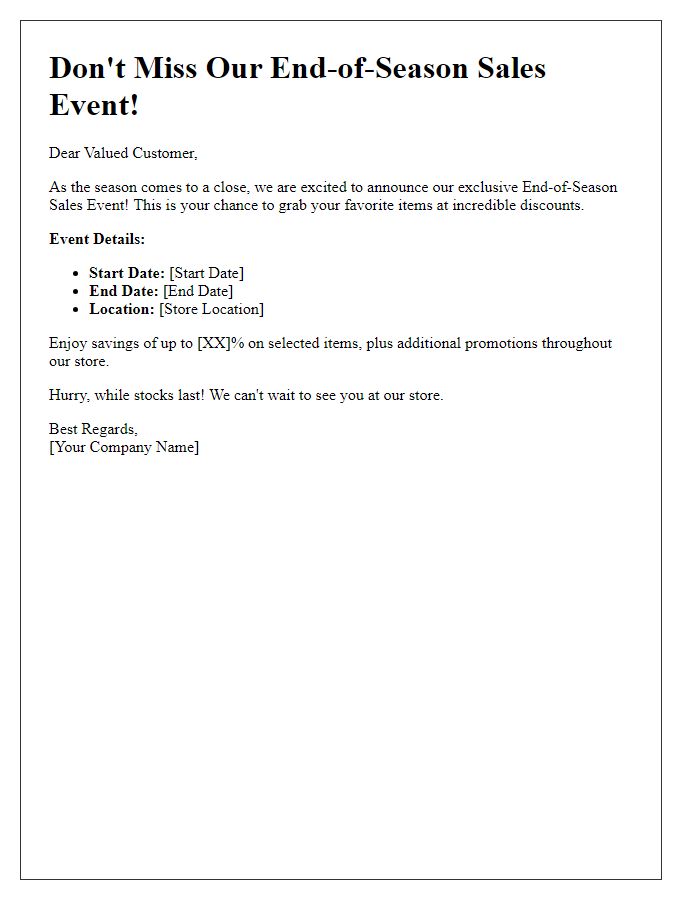 Letter template of promotional end-of-season sales event