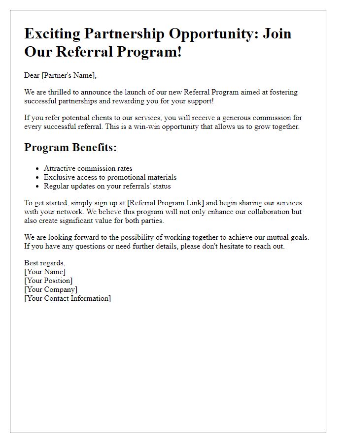 Letter template of referral program announcement for potential partners.