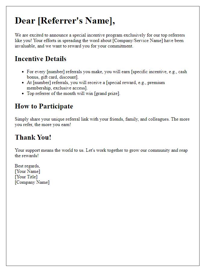 Letter template of referral program incentives for top referrers.