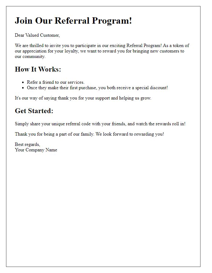 Letter template of referral program invitation for new customers.