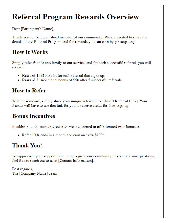 Letter template of referral program rewards overview for participants.