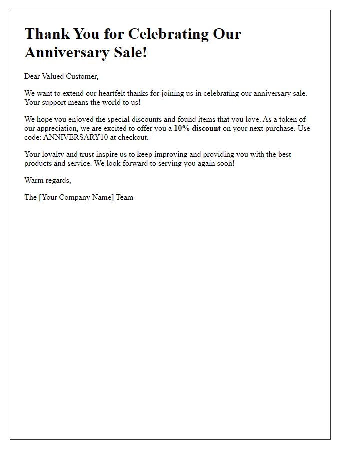 Letter template of Anniversary Sale Thank You