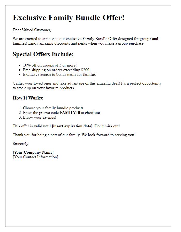 Letter template of family bundle offer promotions for group purchases