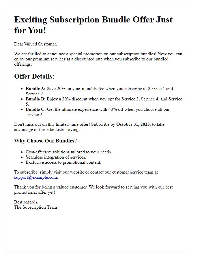 Letter template of subscription bundle offer promotions for recurring services
