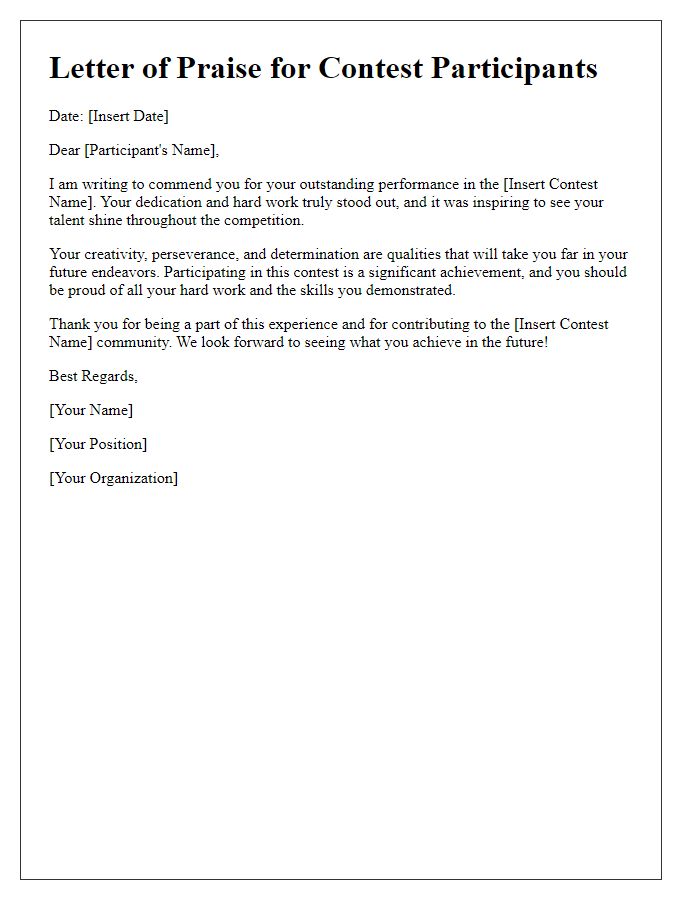 Letter template of praise for contest participants