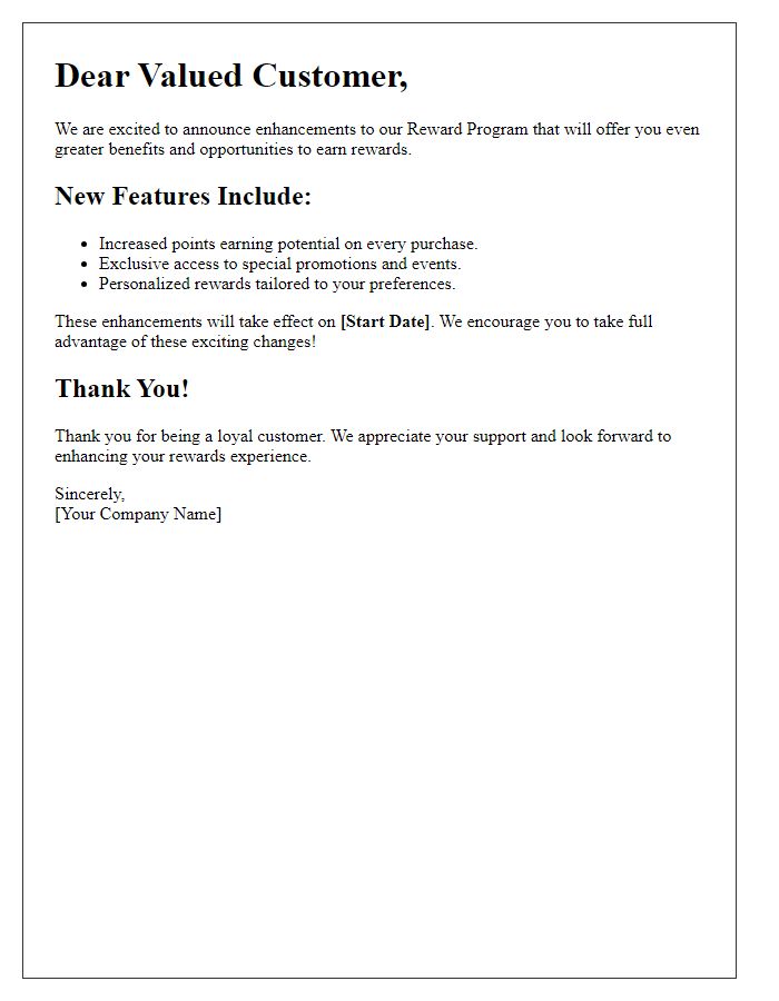 Letter template of reward program enhancements