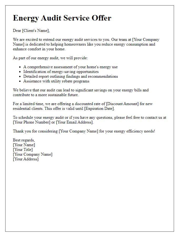 Letter template of energy audit service offer for residential clients.