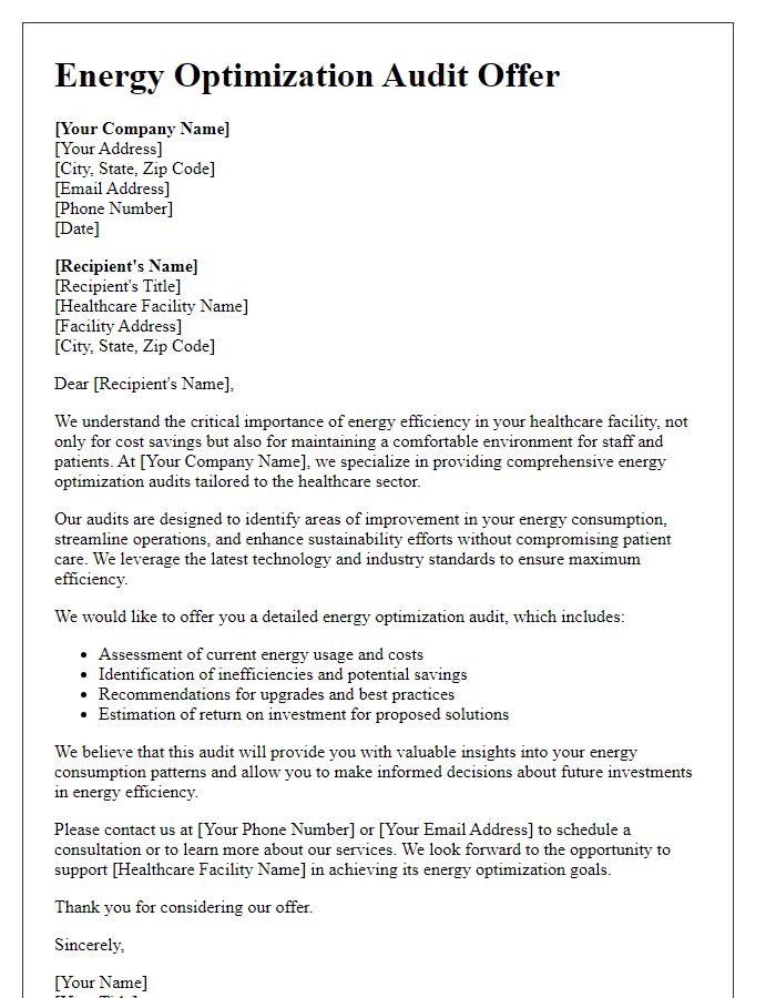 Letter template of energy optimization audit offer for healthcare facilities.