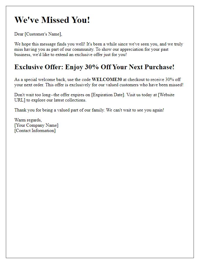 Letter template of exclusive offer to entice lapsed customers.