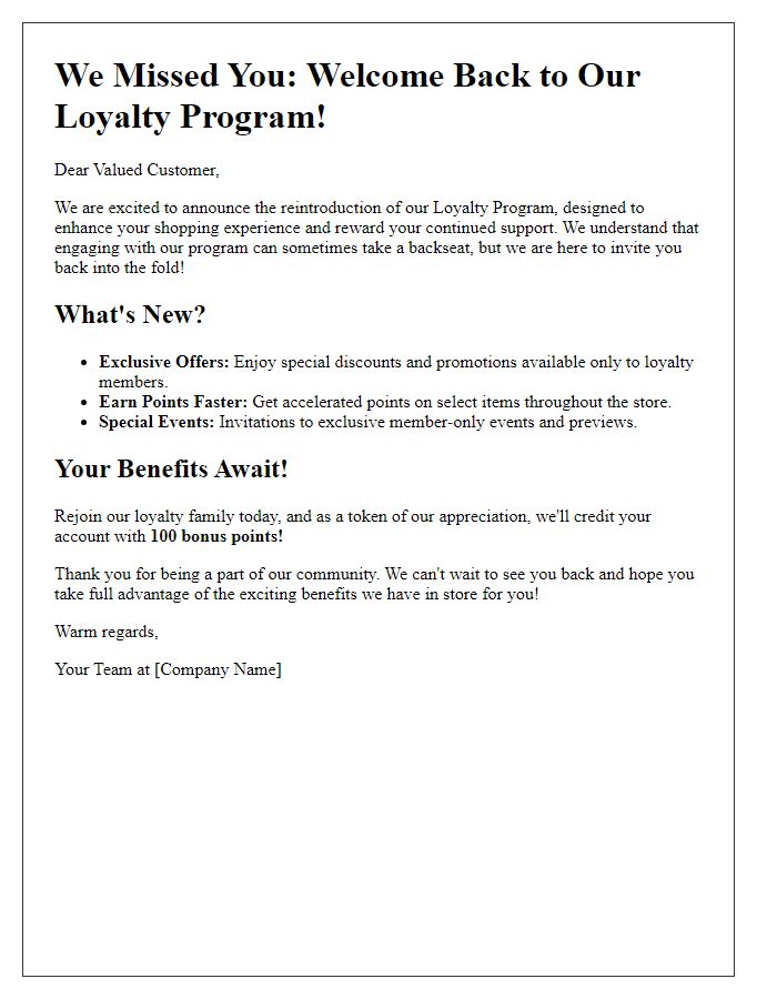 Letter template of loyalty program reintroduction to revive engagement.