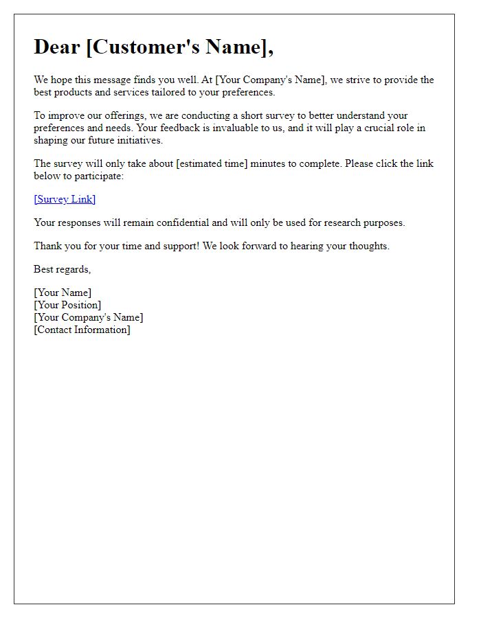 Letter template of survey request to understand customer preferences better.