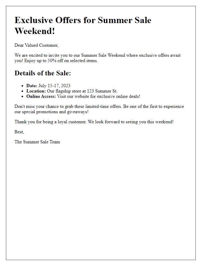 Letter template of Exclusive Offers for Summer Sale Weekend