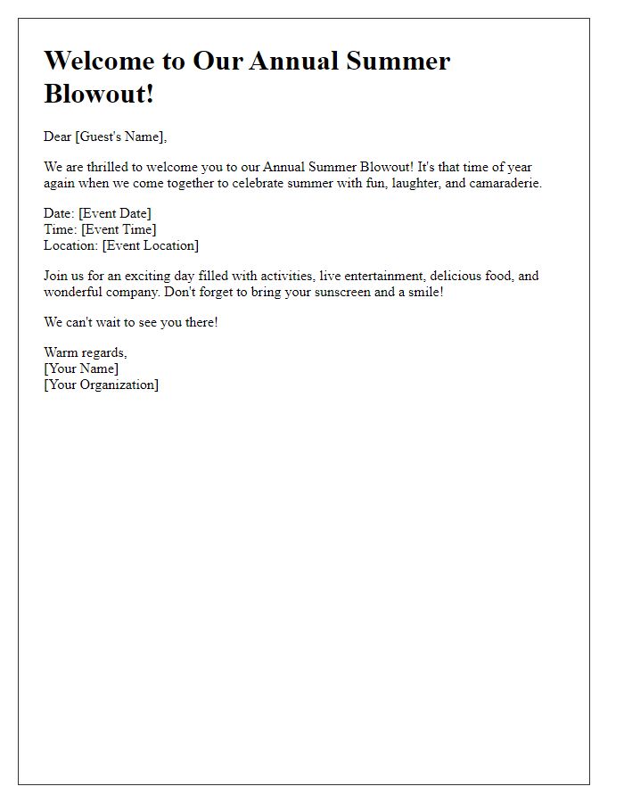 Letter template of Welcome to Our Annual Summer Blowout