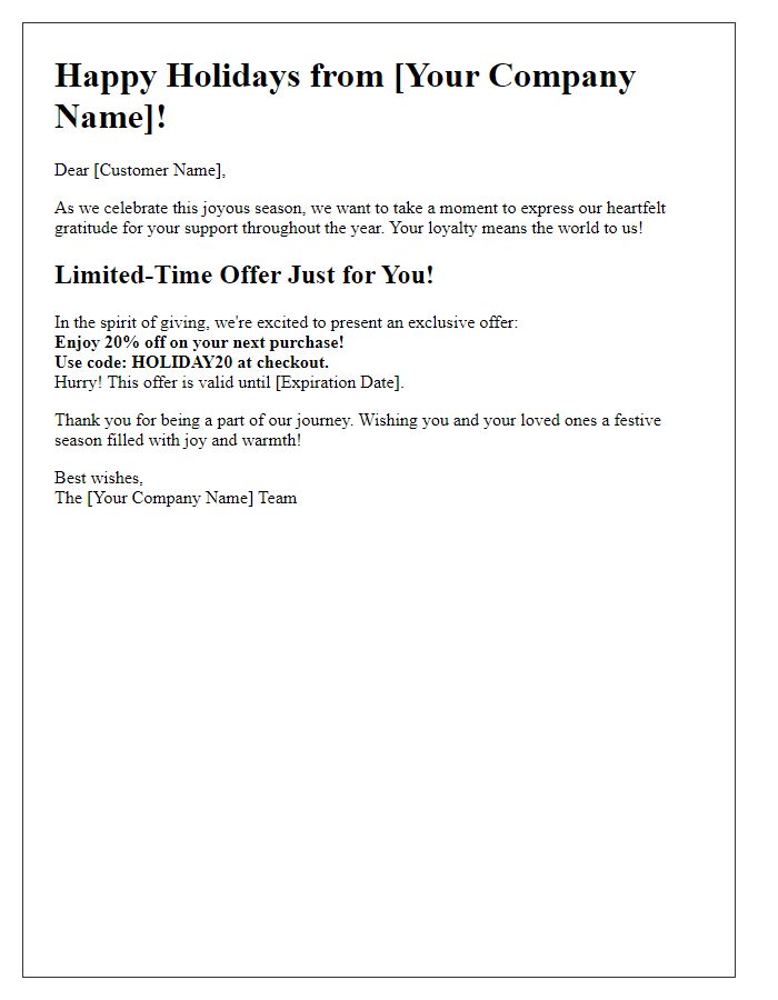 Letter template of festive greetings with limited-time offers