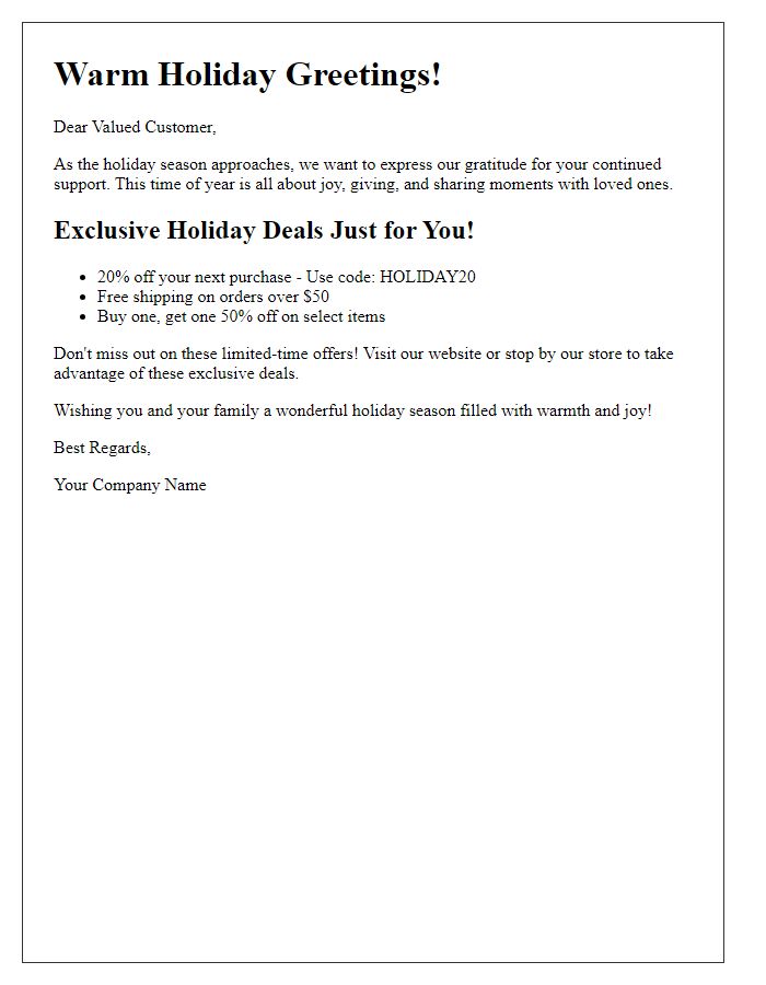 Letter template of holiday cheer and exclusive deals