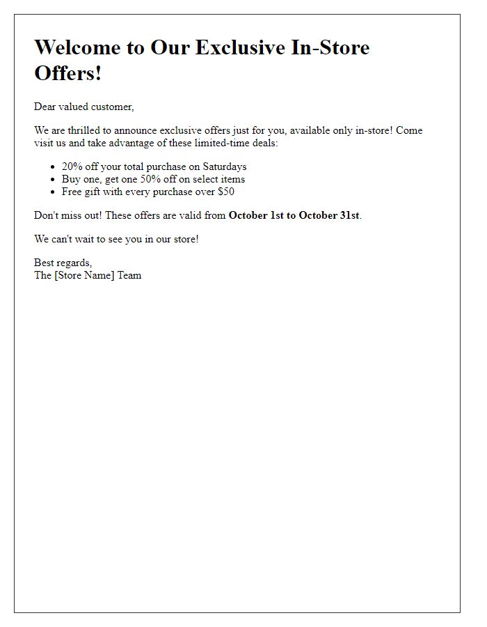 Letter template of exclusive in-store offers to encourage visits.