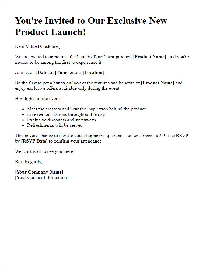 Letter template of new product launch event designed to attract shoppers.