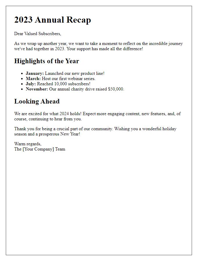 Letter template of annual recap for email newsletter subscribers