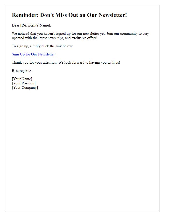 Letter template of reminder for newsletter sign-up