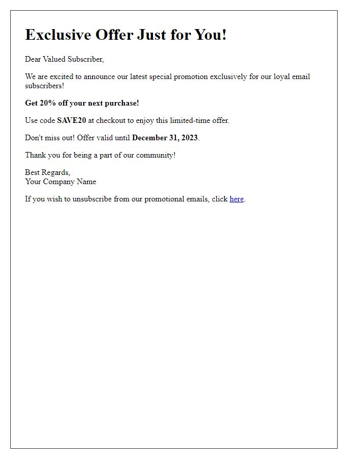 Letter template of special promotions for email subscribers