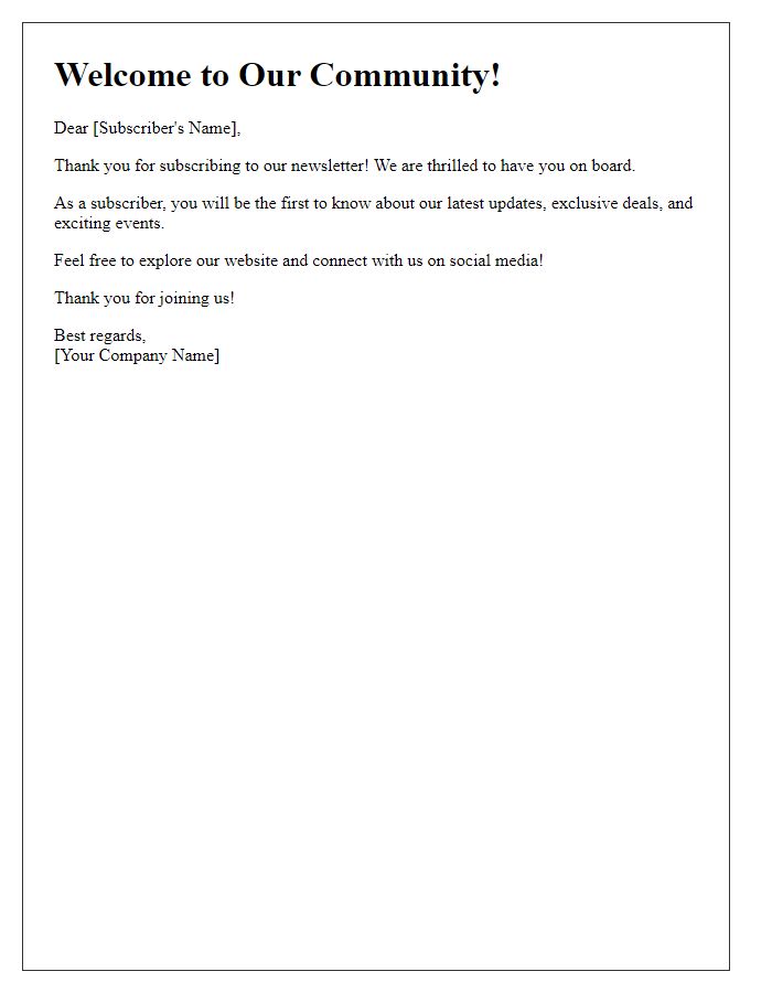 Letter template of welcome email for new subscribers