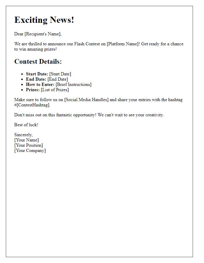 Letter template of social media flash contest notification