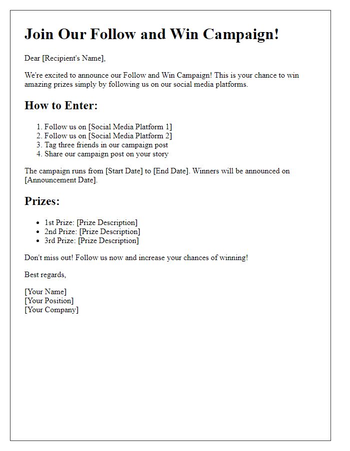 Letter template of social media follow and win campaign