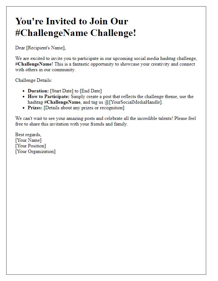 Letter template of social media hashtag challenge invitation