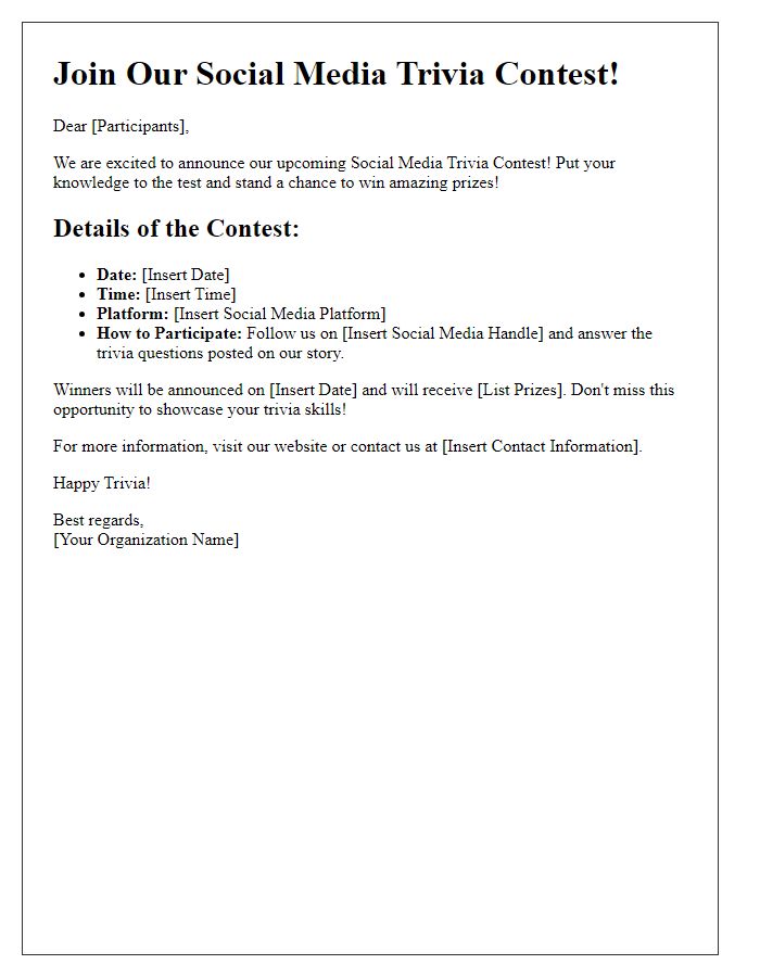 Letter template of social media trivia contest notice