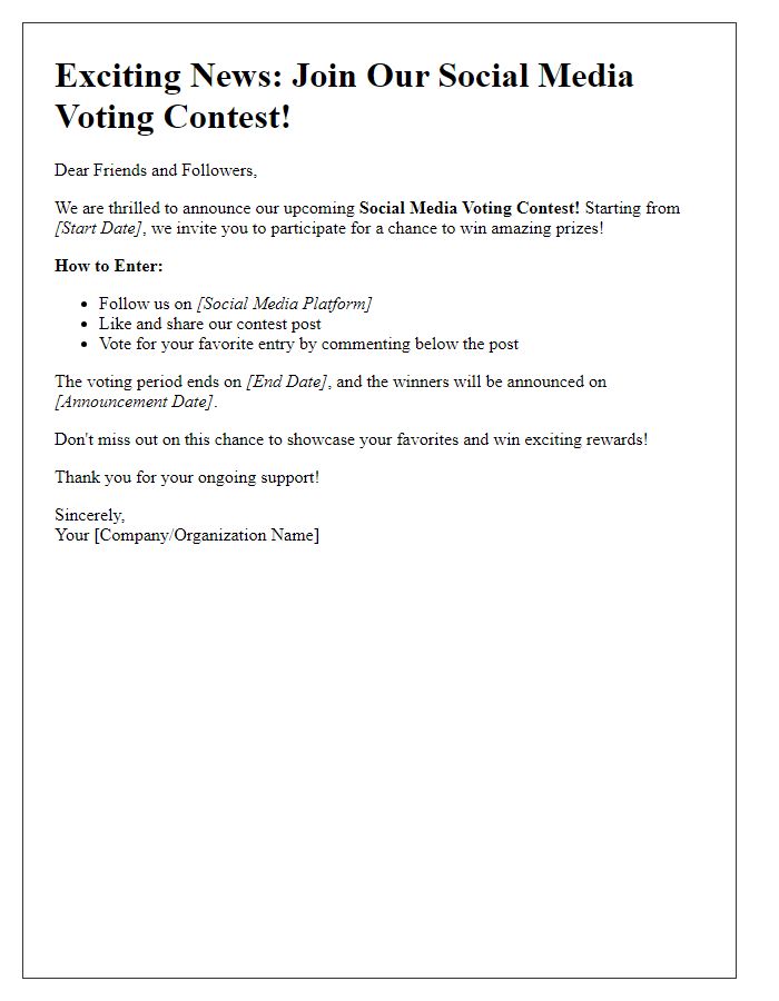 Letter template of social media voting contest announcement