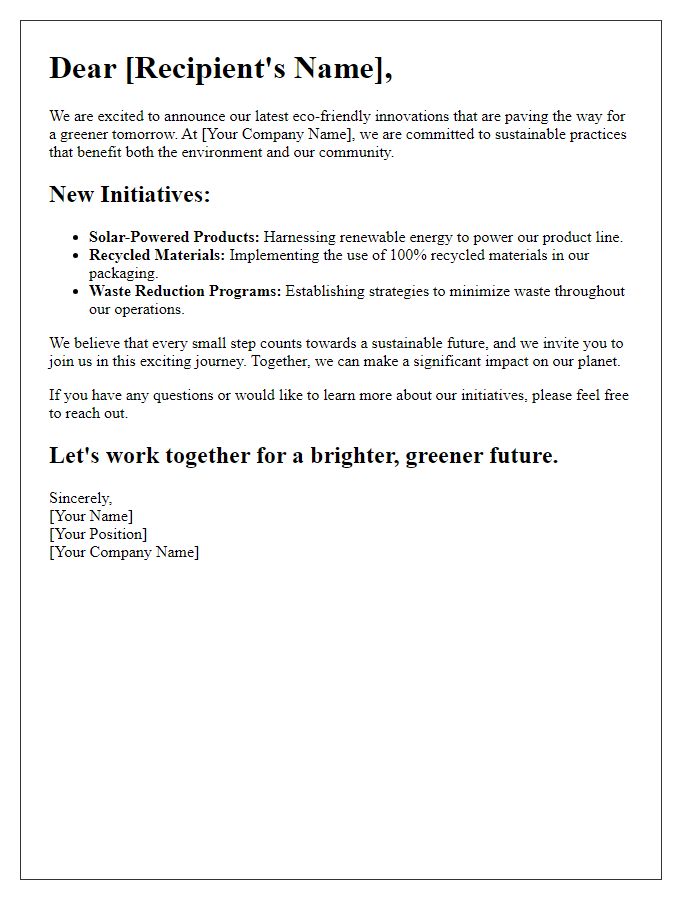 Letter template of Announcing Eco-Friendly Innovations for a Greener Tomorrow