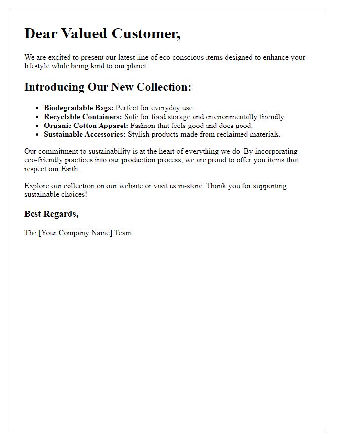 Letter template of Presenting Our Latest Line of Eco-Conscious Items