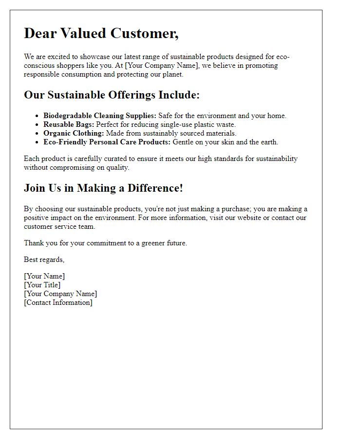 Letter template of Showcasing Our Sustainable Product Offerings for Responsible Shoppers