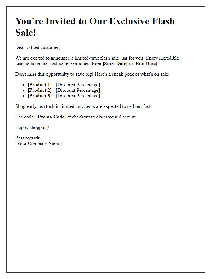 Letter template of limited-time flash sale invitation