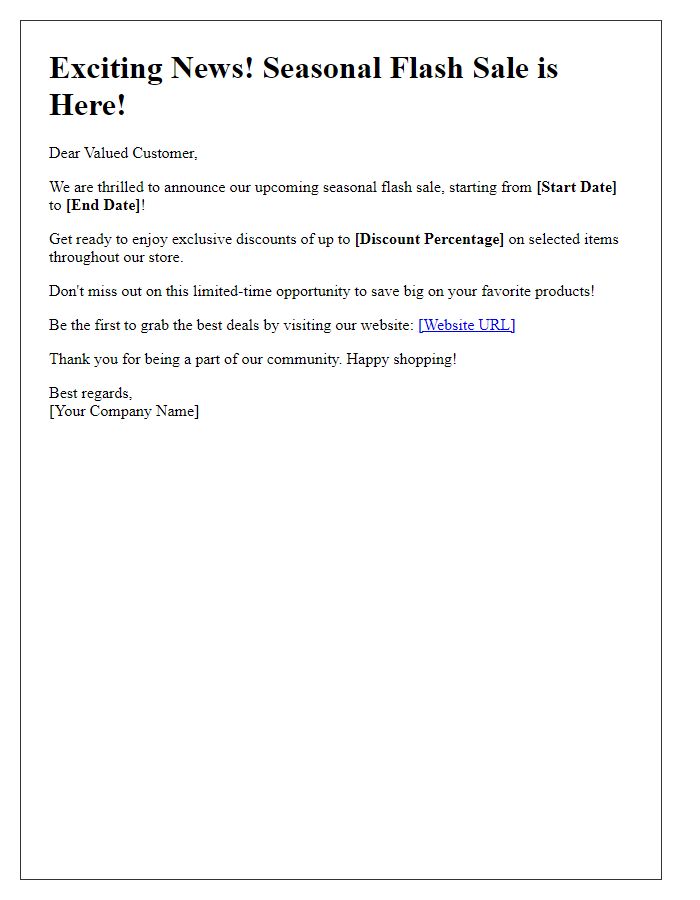 Letter template of seasonal flash sale update