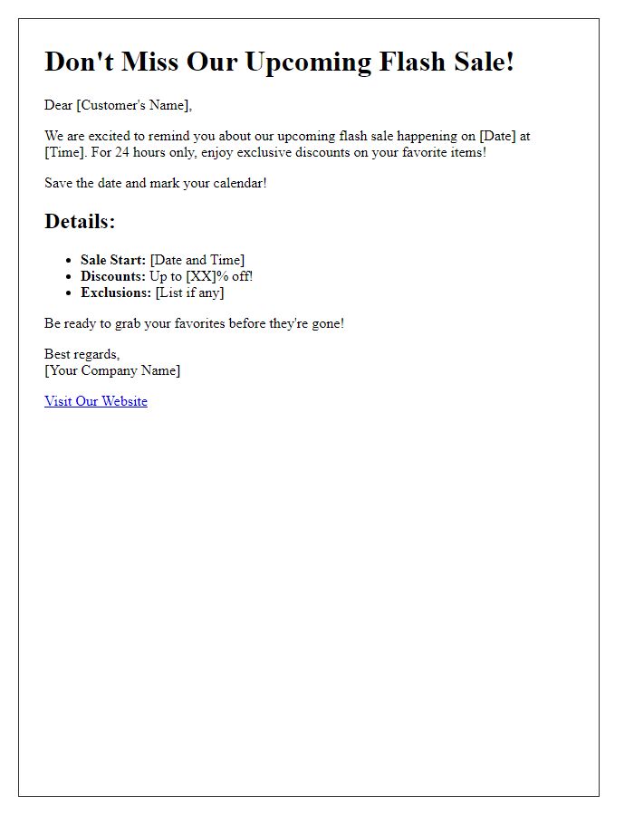 Letter template of upcoming flash sale reminder
